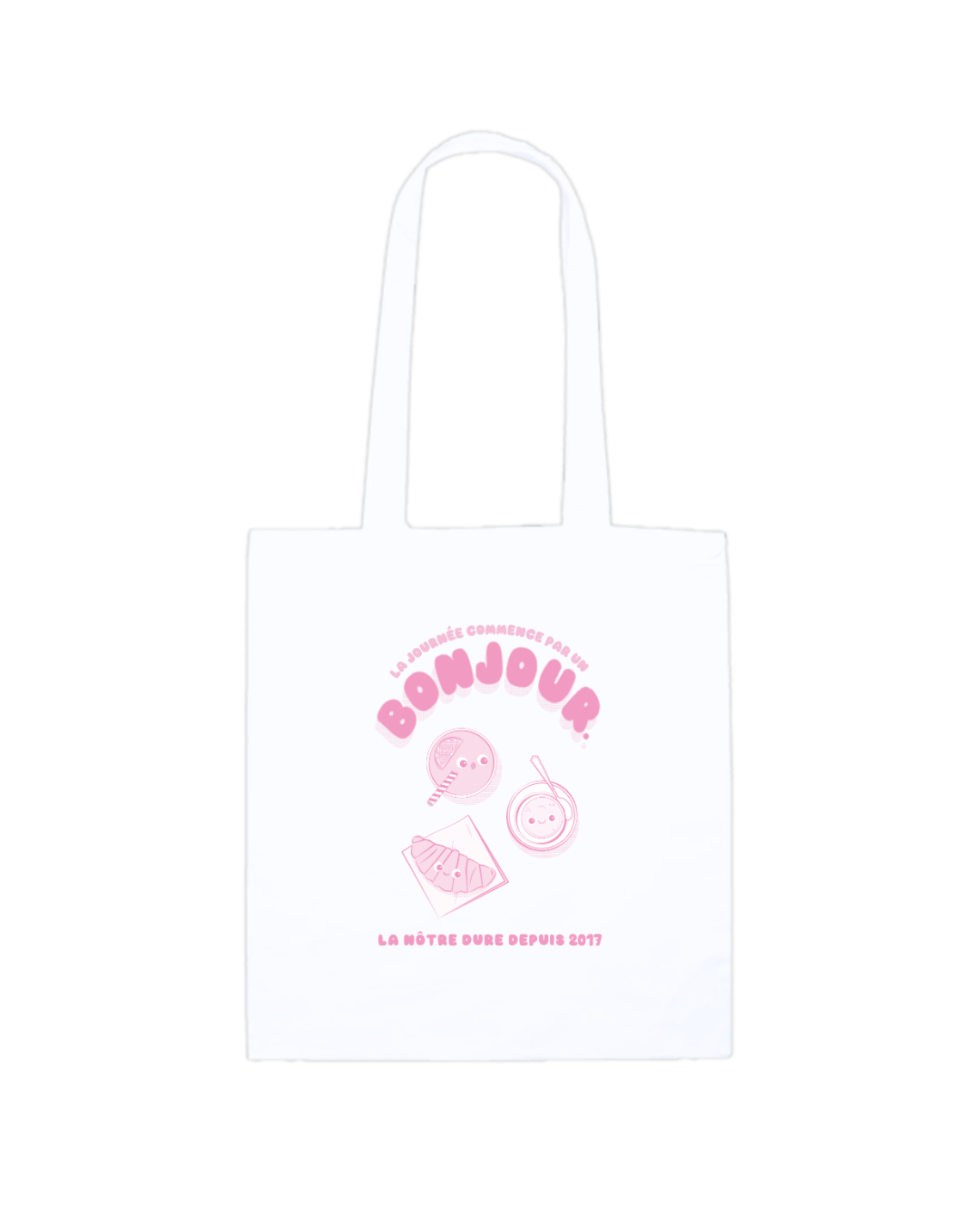 Sac à anse de la collection Bonjour Petit Déjeuner. Tote-bag blanc avec impression rose dessus.